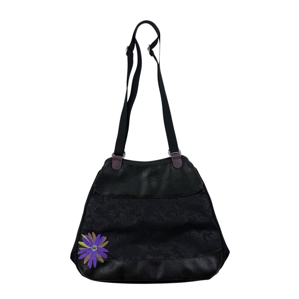 HAIKU Laptop Satchel Tote Purple Flower Black Shoulder Bag Large Leather Purse